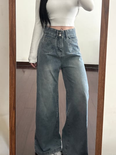 雙釦方口袋淺藍色高腰直筒牛仔寬褲5