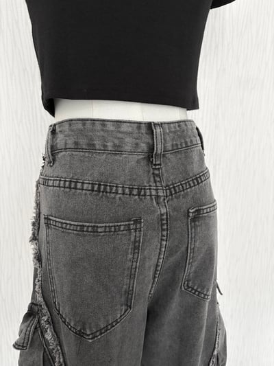 ［男款］街頭風斜毛邊工裝口袋高腰牛仔寬褲7