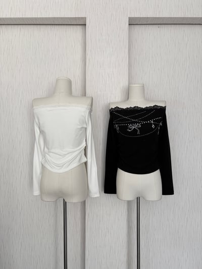 秋冬款 吊飾印花蕾絲一字領雙面磨毛上衣4