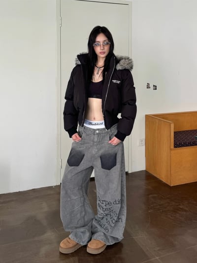 字母做舊煙灰牛仔彎刀褲5