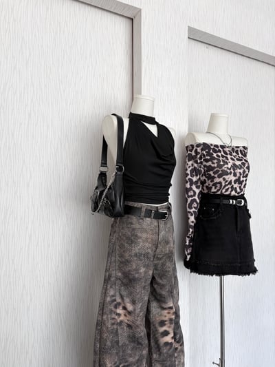 超薄挺款豹紋刺繡字高腰微彎刀褲2