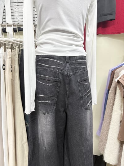 劃白碳黑牛仔直筒大寬褲7