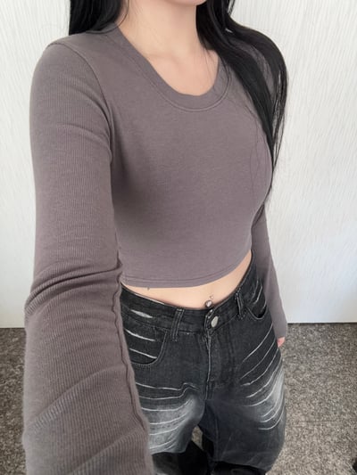 U領直坑紋超彈短版長袖上衣5