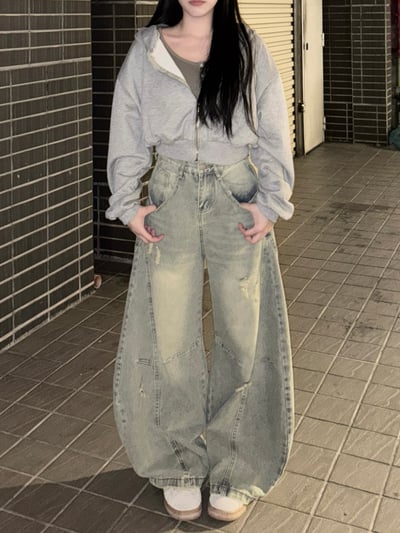 復古刷黃破舊牛仔彎刀褲1