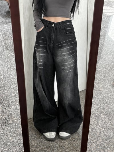 劃白碳黑牛仔直筒大寬褲4