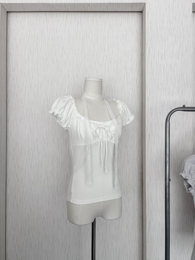 芭蕾風假兩件綁結泡泡袖貼身棉質上衣(附蕾絲絲巾)8