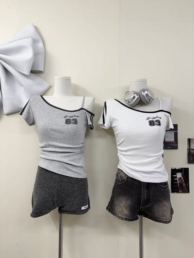 賽車風斜單肩帶短袖83線條腰身上衣1