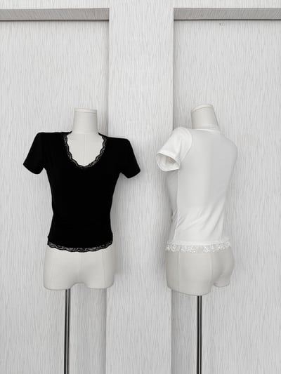 訂製款⊹V領蕾絲花邊素面腰身棉質上衣4