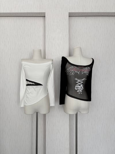 蕾絲腰開衩網紗一字領兩面穿棉質上衣1