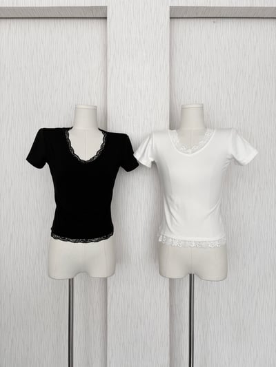 訂製款⊹V領蕾絲花邊素面腰身棉質上衣3