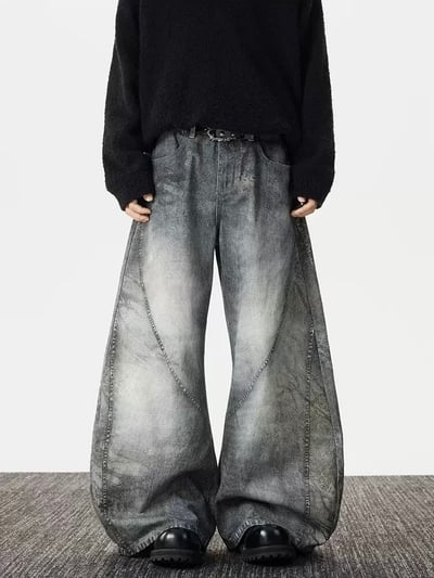 廢土風豹紋水洗煙灰色牛仔彎刀褲5