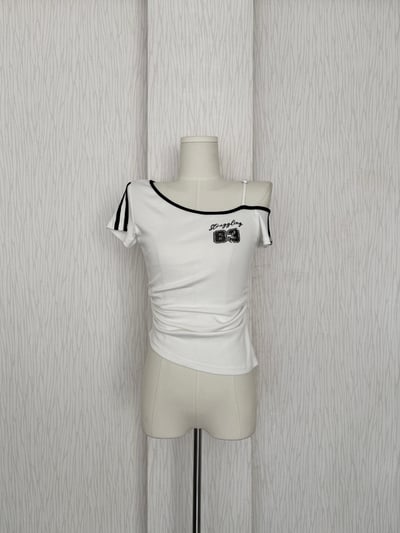 賽車風斜單肩帶短袖83線條腰身上衣4