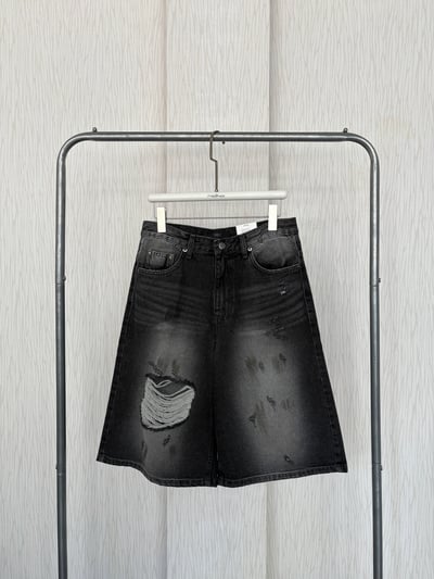 正韓🇰🇷髒染刷破黑色牛仔七分褲3