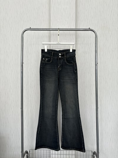 超特別藍黑色 雙釦高腰牛仔喇叭褲1