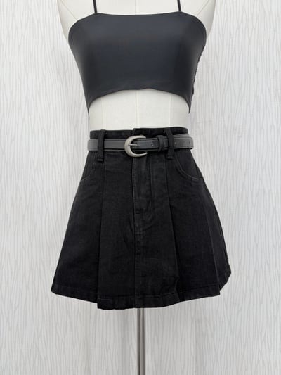 【現貨出清】黑百褶牛仔短褲裙(附皮帶)1