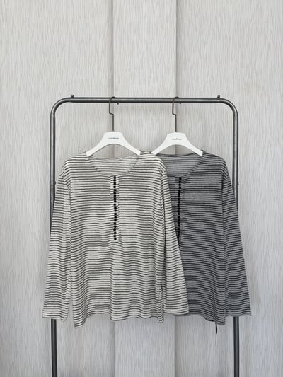 【限量現貨】正韓🇰🇷圓領多扣細橫條薄棉休閒上衣4