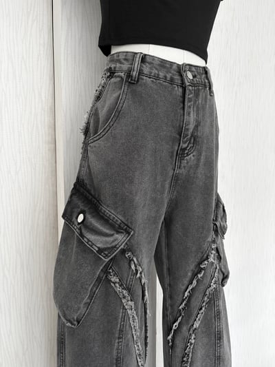 ［男款］街頭風斜毛邊工裝口袋高腰牛仔寬褲6