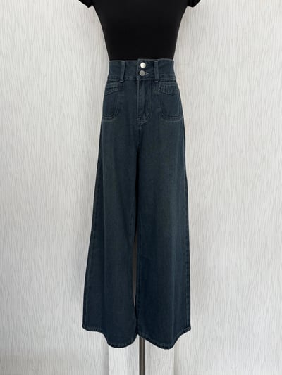 雙釦方口袋深藍色高腰直筒牛仔寬褲1