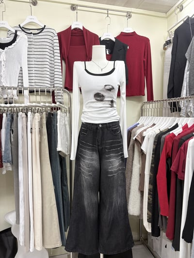 劃白碳黑牛仔直筒大寬褲6