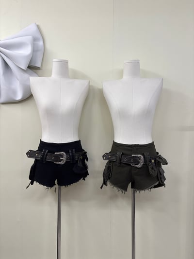 美式y2k低腰工裝皮帶薄牛仔短褲5