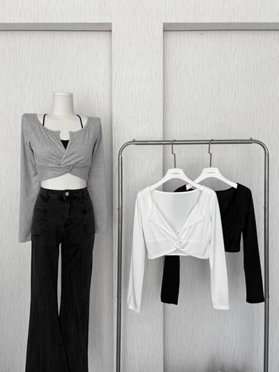 訂製款⊹開V扭結長袖超短版上衣1