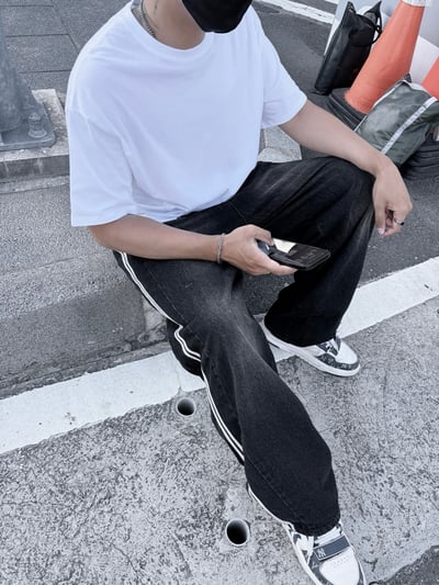 正韓🇰🇷休閒風雙線邊鬆緊抽繩牛仔長褲12