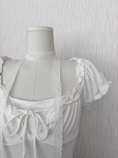 芭蕾風假兩件綁結泡泡袖貼身棉質上衣(附蕾絲絲巾)9