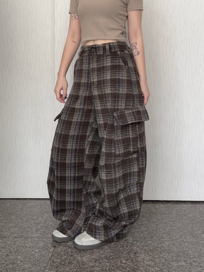 秋冬款-三色格紋軟薄針織口袋工裝棉褲2