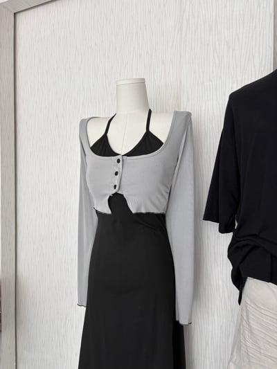 三扣黑邊超短版冰山灰彈性涼感上衣1