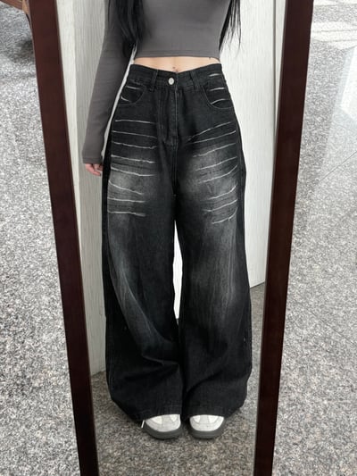 劃白碳黑牛仔直筒大寬褲3