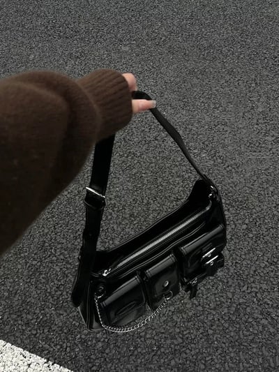 個性多口袋黑色亮皮機車包2