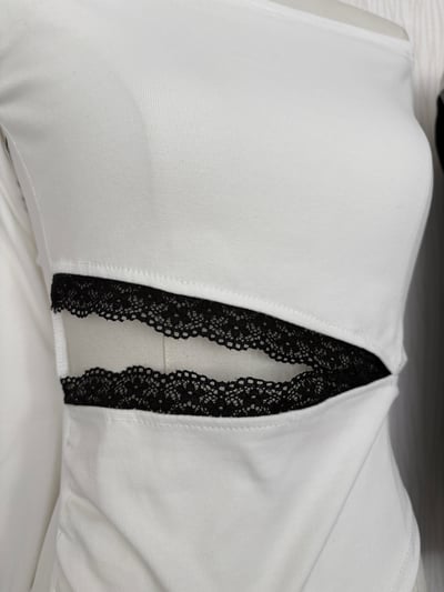 蕾絲腰開衩網紗一字領兩面穿棉質上衣4