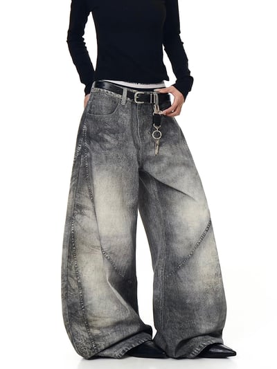 廢土風豹紋水洗煙灰色牛仔彎刀褲2