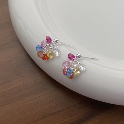 S925純銀多巴胺耳釘女小眾設計甜美彩色鋯石耳環氣質精緻耳墜耳飾1