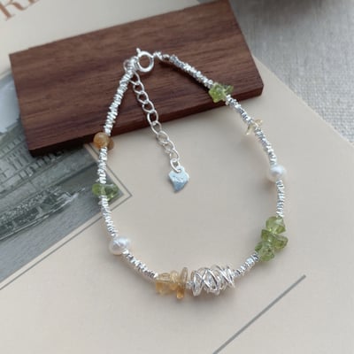 S925純銀碎銀子珍珠綠水晶手鏈女小眾創意手工手環簡約時尚手飾品1