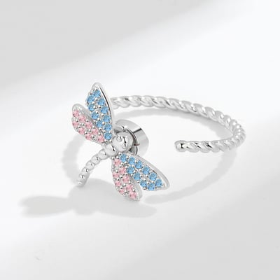 S925銀彩色蜻蜓旋轉戒指5