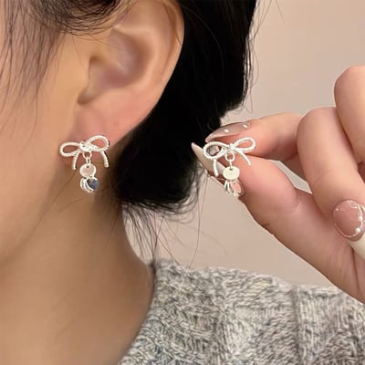 S925純銀甜美小眾精致蝴蝶結亮片流蘇耳釘女氣質百搭耳墜簡約耳飾3
