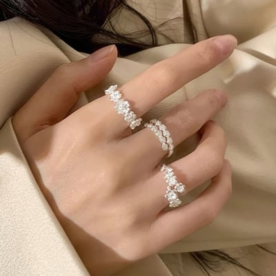 S925純銀立體花朵戒指女小眾簡約韓系時尚食指戒氣質繁花開口指環3