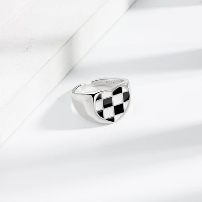 S925銀黑白棋盤格紋戒指5