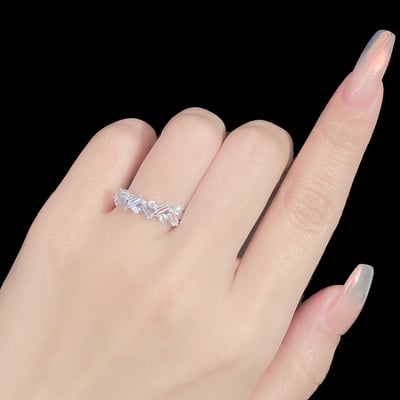 S925純銀戒指女長方形排鑽戒指可疊戴戒指2