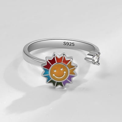 S925銀彩色笑臉太陽花旋轉戒指5