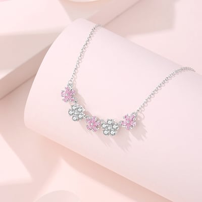 S925銀粉嫩桃花戀五花鑲鋯石項鏈2