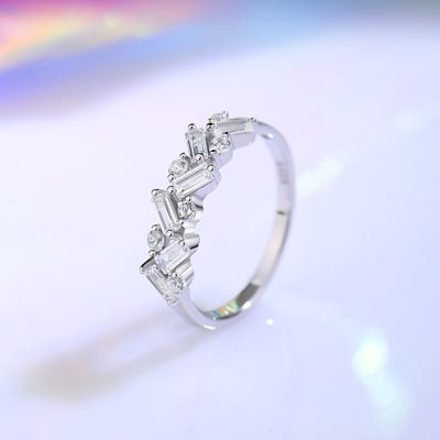 S925純銀戒指女長方形排鑽戒指可疊戴戒指3