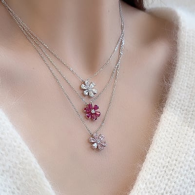S925純銀六瓣花白鑽三色水滴花瓣吊墜項鏈4