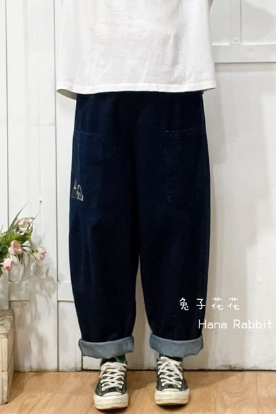 日系雪花刺繡小房子丹寧老爺褲 309291