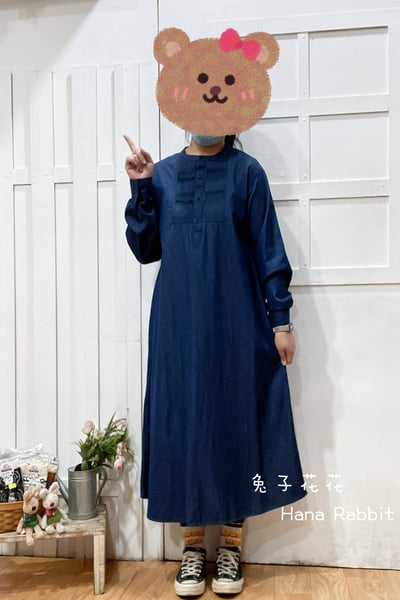 森系薄丹寧壓摺半開襟洋裝 159631