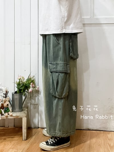 復古刷色工裝闊腿造型褲 309172