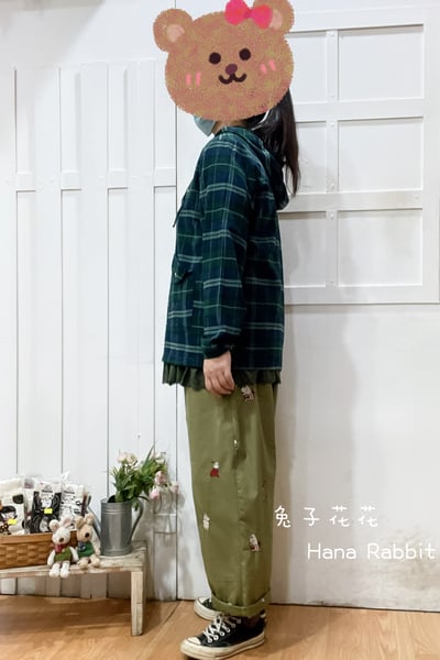 日系不敗款格紋連帽縮腰棉麻上衣(綠) 209302