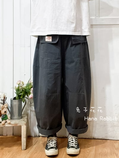 日系小布標棉麻南瓜造型褲(灰) 137651