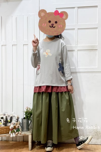 復古貼布小花重磅棉上衣(灰) 153311